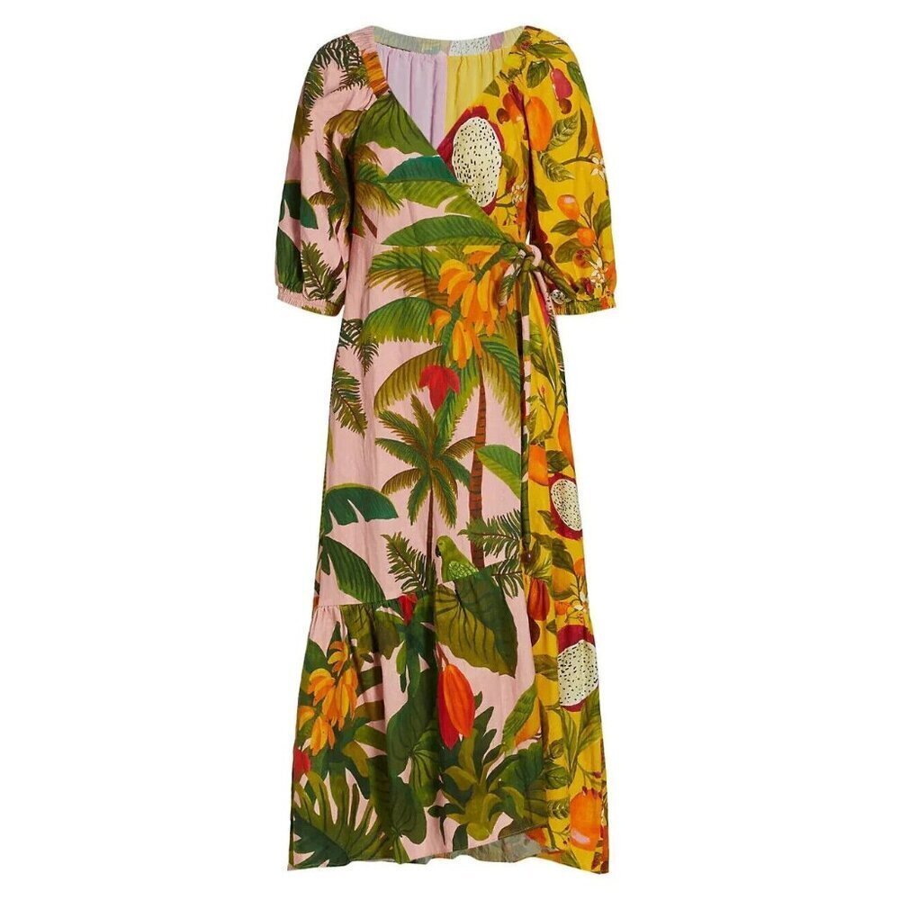 NWT Farm Rio Mixed Print Wrap Midi in Light Pink Fruit Linen Blend Dress XS